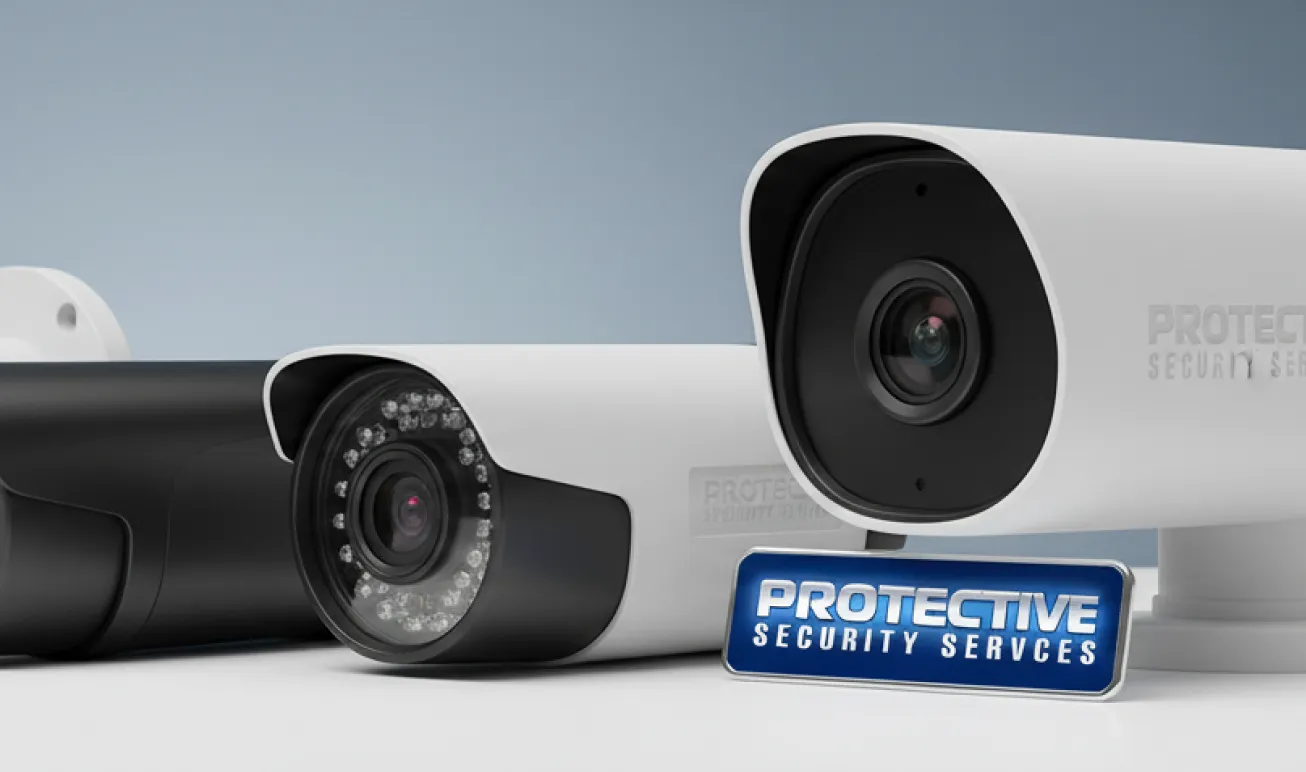Four white and black security cameras displayed with a Protective Security Services sign